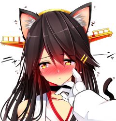 Rule 34 | 10s, 1girl, animal ears, bare shoulders, black hair, blush, cat ears, cat tail, choker, collarbone, detached sleeves, embarrassed, eyebrows, gloves, hair ornament, hairclip, hand on another&#039;s chin, haruna (kancolle), headgear, kantai collection, long hair, long sleeves, looking down, nontraditional miko, nose blush, remodel (kantai collection), simple background, solo focus, tail, tsukui kachou, white background, white gloves, yellow eyes
