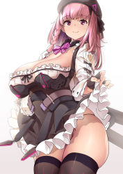 Rule 34 | 1girl, ayla: brilliance (punishing: gray raven), ayla (punishing: gray raven), beret, black dress, black hat, black thighhighs, blush, breasts, cleavage, clothes lift, dress, dress lift, hat, highres, long hair, long sleeves, looking at viewer, original, pink eyes, pink hair, skindentation, smile, solo, thick thighs, thighhighs, thighs, thomasz