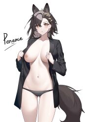 Rule 34 | 1girl, animal ears, arknights, black pants, breasts, brown hair, character name, collarbone, cowboy shot, doctor2.0, ear piercing, extra ears, gluteal fold, highres, jacket, lapels, large breasts, long sleeves, looking at viewer, medium hair, mole, mole above eye, navel, nipples, no bra, no shirt, open clothes, open jacket, pants, penance (arknights), piercing, simple background, solo, suit jacket, tail, white background, wolf ears, wolf girl, wolf tail, yellow eyes