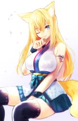 Rule 34 | 1girl, animal ear fluff, animal ears, bad id, bad pixiv id, blonde hair, blue eyes, breasts, fox ears, fox tail, hutaba aoi, japanese clothes, large breasts, long hair, looking at viewer, nanashin naomi, one eye closed, original, pleated skirt, simple background, sitting, skirt, sleeveless, solo, tail, thighhighs
