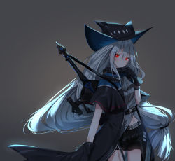 Rule 34 | 1girl, absurdres, adjusting collar, arknights, artist name, belt, black coat, black gloves, black hat, black shorts, bracelet, breasts, closed mouth, coat, cowboy shot, expressionless, floating hair, gloves, glowing, glowing eyes, gradient background, grey background, grey shirt, hair between eyes, hat, highres, jewelry, ku-ini, long hair, looking at viewer, low-tied long hair, midriff, navel, neckerchief, partially unbuttoned, red eyes, science fiction, shade, shirt, short shorts, shorts, shoulder strap, signature, silver hair, simple background, skadi (arknights), small breasts, solo, sword, thighs, weapon