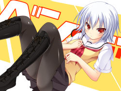 Rule 34 | &gt;:(, 10s, 1girl, ascot, ben-tou, boots, collarbone, colorized, frown, knee boots, noumin, pantyhose, red eyes, school uniform, solo, v-shaped eyebrows, white hair, yaemahi, yarizui sen