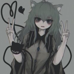 Rule 34 | 1girl, ahoge, animal ears, blouse, buttons, cat ears, diamond button, double v, dutch angle, eyeball, frilled shirt collar, frills, frown, furrowed brow, green eyes, green hair, grey background, hair between eyes, heart, komeiji koishi, long sleeves, medium hair, no headwear, open mouth, reverinth, shirt, simple background, solo, tears, third eye, touhou, upper body, v, wavy hair, wavy mouth, wide sleeves, yellow shirt