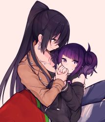 Rule 34 | 2girls, beige jacket, black hair, black sweater, blush, breasts, diagonal bangs, earrings, hair between eyes, hanetsuka, high ponytail, highres, holding hands, idolmaster, idolmaster shiny colors, jewelry, large breasts, long hair, multiple girls, necklace, ponytail, purple eyes, purple hair, shirase sakuya, short twintails, smile, sweater, tanaka mamimi, twintails, yellow eyes