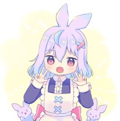 Rule 34 | 1girl, absurdres, alternate costume, animal ears, apron, back bow, blue dress, blue hair, blush, bow, brown eyes, center frills, chibi, commentary, double w, dress, enmaided, frilled apron, frills, gradient hair, hair between eyes, hair ornament, hands up, highres, hyogayome (artist), hyogayome (vtuber), indie virtual youtuber, kangaroo, kangaroo ears, kangaroo girl, light blue hair, long sleeves, looking at viewer, maid, maid apron, medium hair, multicolored hair, open mouth, pink bow, purple hair, self-portrait, symbol-only commentary, two-tone hair, virtual youtuber, w, white apron, x hair ornament