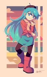 Rule 34 | 1girl, absurdres, beret, black hat, black pantyhose, blue eyes, blue hair, blue skirt, boots, brick st, closed mouth, full body, hand on own chin, hand on own hip, hat, highres, hilda (hilda), hilda (series), jojo pose, long hair, looking down, pantyhose, patterned background, red footwear, red pullover, scarf, signature, skirt, smile, smug, solo, v-shaped eyebrows, yellow scarf