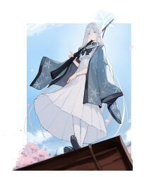 Rule 34 | 1girl, absurdres, architecture, black bow, blue archive, blue sky, bow, bowtie, cherry blossoms, closed mouth, cloud, commentary request, dangoyoo, east asian architecture, falling petals, from below, grey eyes, grey hair, gun, halo, haori, highres, holding, holding gun, holding weapon, japanese clothes, long skirt, nagusa (blue archive), petals, pleated skirt, sailor collar, sandals, school uniform, serafuku, skirt, sky, solo, standing, weapon, white sailor collar, white serafuku, white skirt, zouri