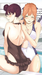 Rule 34 | 2girls, ass, backless swimsuit, black one-piece swimsuit, blush, braid, breasts, brown hair, commentary, er huaa, girls&#039; frontline, green eyes, hair bun, hand on another&#039;s shoulder, highres, large breasts, looking at viewer, multiple girls, one-piece swimsuit, one eye closed, parted lips, partially submerged, profile, purple hair, railing, red eyes, short hair, single hair bun, sitting, springfield (girls&#039; frontline), stairs, swimsuit, wa2000 (girls&#039; frontline), water