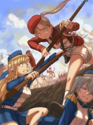 Rule 34 | 6+girls, absurdres, bayonet, beret, blonde hair, blood, brown hair, clenched teeth, commentary, death, epaulettes, fighting, garrison cap, green eyes, hat, highres, impaled, kageng, long hair, military, multiple girls, one eye closed, original, pleated skirt, ponytail, short shorts, shorts, silver hair, skirt, smoke, soldier, stab, tears, teeth, trench, war, weapon