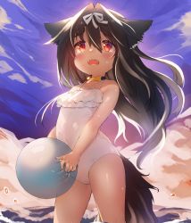 Rule 34 | 1girl, animal ears, ball, beach, beachball, black hair, blush, casual one-piece swimsuit, child, cloud, collar, dog ears, dog girl, dog tail, eyebrows, hair intakes, highres, kannagi cocoa, long hair, one-piece swimsuit, open mouth, original, outdoors, red eyes, ribbon, sharp teeth, sky, solo, swimsuit, tail, tears, teeth, thighs, toba hiyoko, wading, white one-piece swimsuit