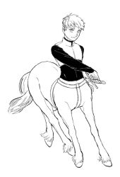 Rule 34 | 1boy, centaur, dungeon meshi, dutch angle, fighting stance, full body, greyscale, harness, highres, laios touden, long sleeves, looking at viewer, m15001396003, male focus, monochrome, monster boy, monsterification, ready to draw, shirt, short hair, smile, solo, taur