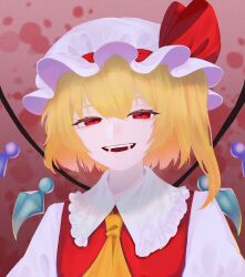 Rule 34 | 1girl, :d, ascot, blonde hair, bow, collared shirt, commentary, crystal, eyelashes, fangs, flandre scarlet, frilled shirt collar, frills, hair between eyes, half-closed eyes, hat, hat bow, highres, karumia, looking at viewer, mob cap, one side up, open mouth, portrait, red bow, red eyes, red vest, shirt, short hair, smile, solo, teeth, tongue, touhou, vest, white hat, white shirt, wings, yellow ascot