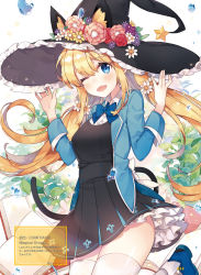 Rule 34 | 1girl, ;d, animal ear fluff, animal ears, ayamy, black hat, black skirt, blazer, blonde hair, blue eyes, blue footwear, blue jacket, blue neckwear, blush, cat ears, cat tail, collared shirt, dress shirt, floating hair, flower, frilled hat, frills, hat, hat flower, highres, jacket, long hair, long sleeves, looking at viewer, miniskirt, one eye closed, open clothes, open jacket, open mouth, original, pink flower, pleated skirt, purple flower, shirt, skirt, smile, solo, tail, thighhighs, twintails, very long hair, white background, white flower, white shirt, white thighhighs, wing collar, witch hat, yellow flower, zettai ryouiki