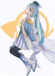 Rule 34 | 1girl, band uniform, blue eyes, blue hair, blue headwear, blue jacket, boots, clothing aside, commentary, eighth note, epaulettes, french horn, from side, gloves, gomiyama, hair ornament, hair ribbon, hat feather, hatsune miku, highres, instrument, jacket, knee boots, knees up, light blue hair, long hair, mini shako cap, miniskirt, musical note, musical note print, panties, panties aside, pleated skirt, quarter note, ribbon, sideways glance, skirt, solo, twintails, underwear, very long hair, vocaloid, white footwear, white gloves, white skirt, yuki miku, yuki miku (2020)