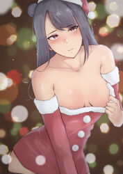 Rule 34 | 1girl, absurdres, adjusting dress, armpit crease, black thighhighs, blurry, blurry background, blush, breasts, christmas, collarbone, commentary request, detached sleeves, double-parted bangs, dress, fur-trimmed dress, fur-trimmed sleeves, fur trim, grey hair, hair bun, hat, highres, long hair, looking at viewer, love live!, love live! sunshine!!, mature female, partial commentary, pink eyes, santa dress, santa hat, shadow, short dress, single side bun, small breasts, tareme, thighhighs, tsushima yoshiko&#039;s mother, ub takami