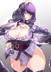 Rule 34 | 1girl, aster crowley, braid, breasts, cleavage, closed mouth, cowboy shot, genshin impact, gradient background, hair ornament, highres, japanese clothes, kimono, large breasts, long hair, looking at viewer, mole, mole under eye, no panties, purple eyes, purple hair, purple kimono, purple thighhighs, raiden shogun, simple background, smile, thick thighs, thighhighs, thighs
