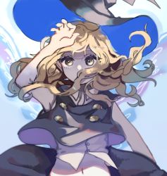 Rule 34 | 1girl, bad id, bad pixiv id, bare arms, black vest, blonde hair, blue background, braid, collared shirt, commentary request, covered mouth, double-breasted, hat, unworn hat, unworn headwear, highres, kirisame marisa, long hair, looking at viewer, navel, shi chimi, shirt, side braid, sleeveless, sleeveless shirt, solo, touhou, upper body, vest, white shirt, wind, witch hat, yellow eyes