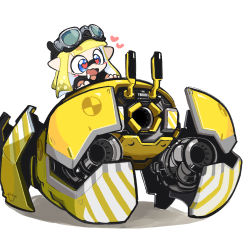Rule 34 | 1girl, black shirt, blonde hair, blue eyes, blush stickers, crab, crab tank (splatoon), drooling, goggles, goggles on head, heart, heart-shaped pupils, highres, inkling, inkling girl, inkling player character, kim crab, long hair, nintendo, open mouth, pointy ears, riding, robot, saliva, shadow, shirt, short sleeves, simple background, splatoon (series), splatoon 3, symbol-shaped pupils, tentacle hair, wavy mouth, white background