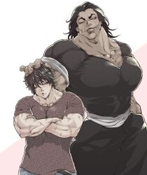 Rule 34 | 2boys, absurdres, black hair, black pants, black shirt, blush, brown eyes, brown shirt, collarbone, crossed arms, father and son, grappler baki, grey pants, hair between eyes, hanma baki, hanma yujiro, headpat, highres, huge pectorals, looking down, male focus, mole, mole above mouth, moo0n k, multiple boys, muscular, muscular male, pants, parted lips, pout, scar, scar on arm, shirt, short hair, smile, v-shaped eyebrows