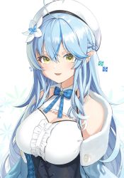 Rule 34 | 1girl, 9nojo, ahoge, arms at sides, bare shoulders, beret, blue flower, blue hair, blue neckwear, blush, braid, breasts, center frills, commentary, flower, frills, hair between eyes, hair flower, hair ornament, half updo, hat, highres, hololive, large breasts, long hair, long sleeves, looking at viewer, open mouth, plaid neckwear, pointy ears, shirt, simple background, sleeveless, sleeveless shirt, smile, solo, underbust, upper body, virtual youtuber, white background, white flower, white hat, white shirt, yellow eyes, yukihana lamy