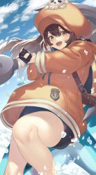 Rule 34 | 1girl, anchor, anchor symbol, arc system works, bike shorts, black gloves, black shorts, blue sky, blush, brown eyes, brown hair, day, dolphin, fingerless gloves, gloves, guilty gear, guilty gear strive, hat, highres, holding, holding anchor, hood, hoodie, legs, long hair, long sleeves, looking at viewer, may (guilty gear), murata tefu, open mouth, orange hat, orange hoodie, orange shirt, outdoors, pirate, pirate hat, shirt, shorts, signature, skull and crossbones, sky, smile, solo, splashing, thick thighs, thighs, water, yellow eyes