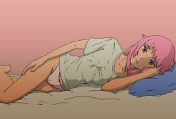 Rule 34 | 1girl, barefoot, bed, blush, feet, female focus, gasai yuno, happy, legs, long hair, looking at viewer, lying, on side, open mouth, panties, pink eyes, pink hair, shirt, simple background, solo, underwear, wide sleeves