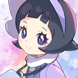 Rule 34 | 1girl, arched bangs, black hair, blush stickers, blush visible through hair, bright pupils, closed mouth, commentary request, creatures (company), eyelashes, game freak, highres, jacket, looking at viewer, nintendo, open clothes, open jacket, pokemon, pokemon sv, poppy (pokemon), purple eyes, smile, solo, split mouth, upper body, visor cap, white pupils, zeroki (izuno)