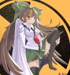 Rule 34 | 1girl, adapted costume, ahoge, black thighhighs, bow, breasts, brown eyes, brown hair, brown wings, cape, closed mouth, collared shirt, feathered wings, foot out of frame, frilled shirt collar, frills, green bow, green skirt, hair bow, hand on own leg, highres, leg up, long hair, looking at viewer, medium breasts, no shoes, pleated skirt, radiation symbol, reiuji utsuho, shirt, skirt, smile, solo, song113, thighhighs, third eye, touhou, white cape, white shirt, wings, yellow background, zettai ryouiki