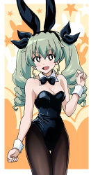 Rule 34 | 1girl, alternate costume, anchovy (girls und panzer), animal ears, black leotard, black pantyhose, black ribbon, bow, bowtie, breasts, brown eyes, cowboy shot, detached collar, drill hair, fake animal ears, female focus, girls und panzer, green hair, hair ribbon, highres, leotard, long hair, looking at viewer, medium breasts, open mouth, orange background, pantyhose, playboy bunny, ponzu rui, rabbit ears, ribbon, smile, solo, standing, star (symbol), starry background, strapless, strapless leotard, thigh gap, twin drills, twintails, wrist cuffs