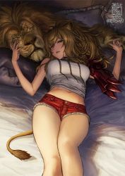 Rule 34 | 1girl, animal ears, arknights, bare shoulders, blonde hair, blouse, breasts, denim, denim shorts, hair between eyes, hands up, highres, ikeda (cpt), jacket, large breasts, lion, lion ears, lion tail, long hair, looking at viewer, lying, midriff, navel, on back, parted lips, ponytail, red shorts, shirt, short shorts, shorts, sidelocks, siege (arknights), sleeveless, sleeveless shirt, solo, tail, tank top, thighs, twitter username, white shirt, yellow eyes