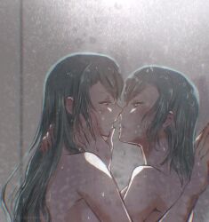 Rule 34 | 2girls, aqua hair, bang dream!, commentary, completely nude, green eyes, hand on another&#039;s face, hand on another&#039;s neck, highres, hikawa hina, hikawa sayo, imminent kiss, incest, long hair, looking at another, medium hair, multiple girls, nude, showering, siblings, signature, sisters, symbol-only commentary, twincest, twins, xin (blueramen), yuri