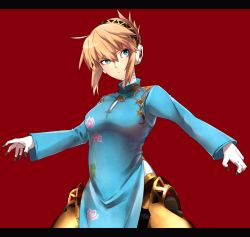 Rule 34 | 1girl, aegis (persona), android, blonde hair, blue eyes, breasts, china dress, chinese clothes, closed mouth, dress, highres, joints, persona, persona 3, rdc7229, robot joints, short hair, simple background, solo