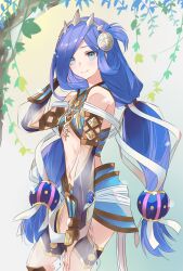 Rule 34 | 1girl, armor, bare shoulders, blue eyes, blue hair, breasts, closed mouth, dana (ys), george man, hair ribbon, hand up, highres, long hair, looking at viewer, low twintails, midriff, navel, ribbon, see-through, see-through sleeves, simple background, small breasts, smile, solo, standing, stomach, twintails, very long hair, white ribbon, ys, ys viii lacrimosa of dana