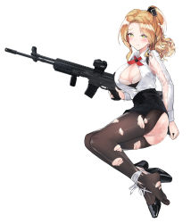 Rule 34 | 1girl, arm behind back, ass, black footwear, black pantyhose, black skirt, blonde hair, blush, bra, breasts, cleavage, concept art, girls&#039; frontline, green eyes, gun, hand on back, high heels, highres, holding, holding weapon, k2c1 (girls&#039; frontline) (shirosaba), long hair, looking at viewer, medium breasts, mole, mole under eye, neck ribbon, open clothes, open shirt, original, pantyhose, ponytail, red ribbon, ribbon, rifle, shirosaba, shirt, sitting, skirt, solo, spanked, spanking, torn clothes, torn pantyhose, underwear, weapon, wet, wet clothes, wet shirt, white background, white bra, white shirt