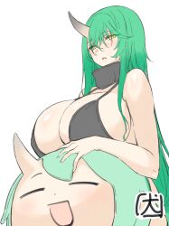 Rule 34 | 1girl, akanotanin13, arknights, bikini, black bikini, black choker, breasts, character doll, choker, closed eyes, green hair, highres, horns, hoshiguma (arknights), large breasts, long hair, looking at viewer, open mouth, simple background, single horn, skin-covered horns, solo, swimsuit, very long hair, white background, yellow eyes