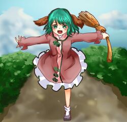 Rule 34 | 1girl, airplane arms, blue sky, blurry, blurry background, broom, bush, cloud, cloudy sky, day, green eyes, green hair, holding, holding broom, kasodani kyouko, mountain, open mouth, outstretched arms, path, plant, road, running, shee take, sky, spread arms, touhou