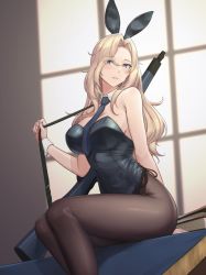 Rule 34 | 1girl, animal ears, black leotard, black necktie, blonde hair, breasts, detached collar, fake animal ears, grey eyes, gun, highres, hornet (kancolle), kantai collection, large breasts, leotard, long hair, necktie, odachu, pantyhose, playboy bunny, rabbit ears, rifle, sitting, sitting on table, smile, solo, weapon, wrist cuffs