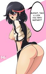 Rule 34 | 1girl, ass, bigdead, black hair, blue eyes, blush, bottomless, breasts, commentary, embarrassed, english commentary, english text, from behind, hair between eyes, hands in pockets, highres, jacket, kill la kill, legs together, letterman jacket, looking at viewer, looking back, matoi ryuuko, medium breasts, multicolored hair, nipples, no bra, no panties, open mouth, short hair, solo, standing, streaked hair, sweatdrop, tsundere