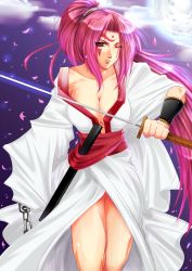 Rule 34 | 1girl, arc system works, bad id, bad pixiv id, baiken, breasts, chain, cherry blossoms, cleavage, guilty gear, highres, japanese clothes, katana, kimono, legs, long hair, one-eyed, petals, pink eyes, pink hair, ponytail, riko (kjr215), riko (kujira215), scar, scar across eye, scar on face, solo, sword, tattoo, weapon