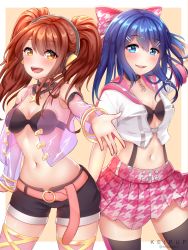 Rule 34 | 2girls, artist name, belt, blue eyes, blue hair, blush, bow, bra, breasts, brown hair, choker, cleavage, cosplay, costume switch, crop top, crossover, fire emblem, hair between eyes, hair bow, hair ornament, hairclip, headphones, keipup, kujikawa rise, midriff, miniskirt, multiple girls, navel, nintendo, open clothes, open mouth, oribe tsubasa, persona, persona 4, persona 4: dancing all night, persona dancing, shorts, skirt, smile, suspender skirt, suspenders, thighhighs, tokyo mirage sessions fe, trait connection, twintails, twitter username, underwear, yellow eyes, zettai ryouiki