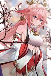 Rule 34 | 1girl, animal ears, bare shoulders, blouse, blush, breasts, detached sleeves, fox ears, genshin impact, hair ornament, highres, japanese clothes, jewelry, kimono, large breasts, long hair, looking at viewer, necklace, pendant, pink hair, purple eyes, red skirt, seiru (prairie), shirt, sidelocks, skirt, sleeveless, sleeveless kimono, sleeveless shirt, smile, solo, thighs, very long hair, white kimono, white shirt, wide sleeves, yae miko