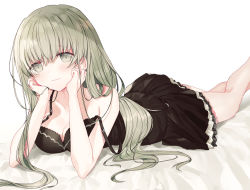 Rule 34 | 1girl, bare arms, bare shoulders, bed sheet, black dress, blush, breasts, cecilia (shiro seijo to kuro bokushi), cleavage, closed mouth, dress, feet out of frame, green eyes, green hair, hair between eyes, hands up, kazutake hazano, long hair, looking at viewer, low twintails, lying, medium breasts, on stomach, shiro seijo to kuro bokushi, sleeveless, sleeveless dress, smile, solo, strap slip, twintails, very long hair, white background