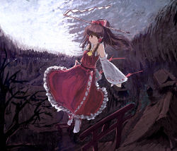 Rule 34 | 1girl, ascot, ashiyama yoshinori, bad id, bad pixiv id, bare tree, blunt bangs, bow, brown hair, detached sleeves, female focus, flying, frilled skirt, frills, gohei, hair bow, hair ornament, hair stick, hair tubes, hakurei reimu, highres, japanese clothes, long hair, miko, nature, outdoors, perspective, plant, ponytail, red eyes, skirt, sky, smile, solo, torii, touhou, tree