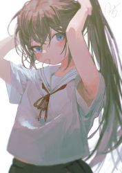 Rule 34 | 1girl, armpit peek, arms up, blue eyes, blush, brown hair, closed mouth, commentary request, hair tie in mouth, highres, long hair, looking at viewer, mouth hold, neck ribbon, original, ponytail, potg (piotegu), red ribbon, ribbon, shirt, short sleeves, signature, simple background, solo, tying hair, upper body, white background, white shirt