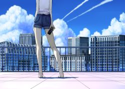 Rule 34 | 1girl, bad id, bad pixiv id, barefoot, building, cellphone, city, cityscape, cloud, contrail, contrapposto, day, denim, denim shorts, domo1220, from behind, head out of frame, original, phone, rooftop, short shorts, shorts, sky, skyscraper, solo, standing