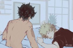 Rule 34 | 2boys, artist name, bakugou katsuki, bare arms, bare back, bare shoulders, black shirt, blanket, blonde hair, boku no hero academia, couple, eyebrows, eyelashes, closed eyes, facing away, freckles, green hair, indoors, kiwii, looking at another, lying, midoriya izuku, multiple boys, on bed, on stomach, pale skin, parted lips, pillow, plant, potted plant, scar, scar on arm, scar on back, shirt, short hair, short sleeves, sitting, sleeping, spiked hair, topless, twitter username, watermark, window, yaoi