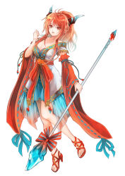 Rule 34 | 1girl, ahoge, akuru (akr369akr), another eden, breasts, cleavage, full body, gradient hair, hand up, high heels, highres, holding, holding polearm, holding weapon, horns, long hair, looking at viewer, multicolored hair, original, polearm, red eyes, red footwear, red hair, ribbon-trimmed sleeves, ribbon trim, sandals, solo, standing, weapon, wide sleeves