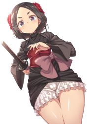 Rule 34 | 1girl, baakurou, black eyes, black hair, black kimono, bloomers, blush, bow, closed mouth, clothes lift, commentary, dutch angle, flower, frills, hair flower, hair ornament, highres, hikimayu, holding, holding sword, holding weapon, japanese clothes, katana, kimono, large bow, light frown, long hair, long sleeves, looking at viewer, obi, princess principal, puffy pants, purple bow, red flower, sash, short kimono, simple background, skirt, skirt lift, solo, standing, sword, thighs, toudou chise, underwear, upskirt, weapon, white background, white bloomers