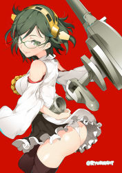 Rule 34 | 10s, 1girl, breasts, frilled skirt, frills, glasses, green eyes, green hair, hairband, highres, japanese clothes, kantai collection, kirishima (kancolle), looking at viewer, matching hair/eyes, md5 mismatch, medium breasts, naitou ryuu, panties, short hair, simple background, skirt, smile, solo, thighhighs, underwear, wide sleeves