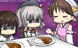 Rule 34 | 3girls, arm at side, bad food, blank stare, blue eyes, blush, brown hair, commentary, dated, detached sleeves, empty eyes, epaulettes, expressionless, closed eyes, flipped hair, fubuki (kancolle), green eyes, hair between eyes, hamu koutarou, hiei (kancolle), highres, japanese clothes, kantai collection, kashima (kancolle), looking down, military, military uniform, multiple girls, nontraditional miko, remodel (kantai collection), shaded face, short hair, silver hair, sitting, smug, sparkle, spoon, twintails, uniform, wavy hair